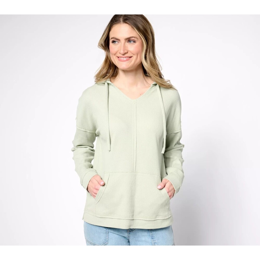 Belle Body by Kim Gravel Stretch Baby Waffle Raw Edge Hoodie Desert Sage Sz L